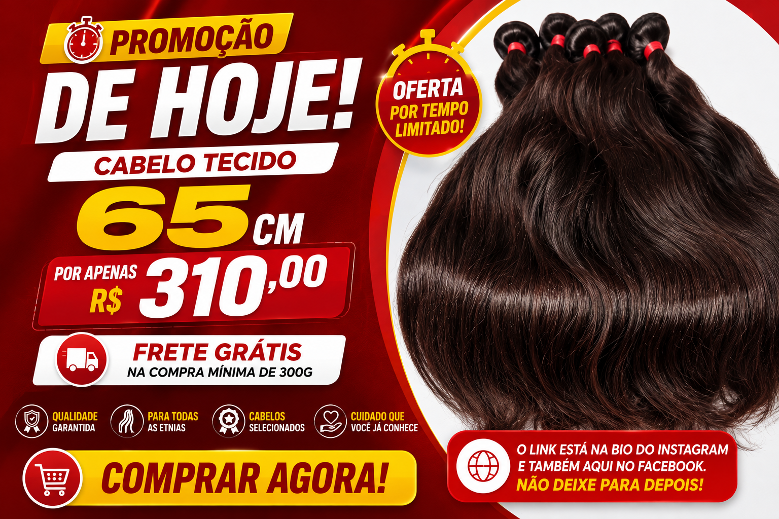 Promoção Cabelo Tecido Humano 65 cm por R$ 310,00 — 100g, frete grátis a partir de 300g